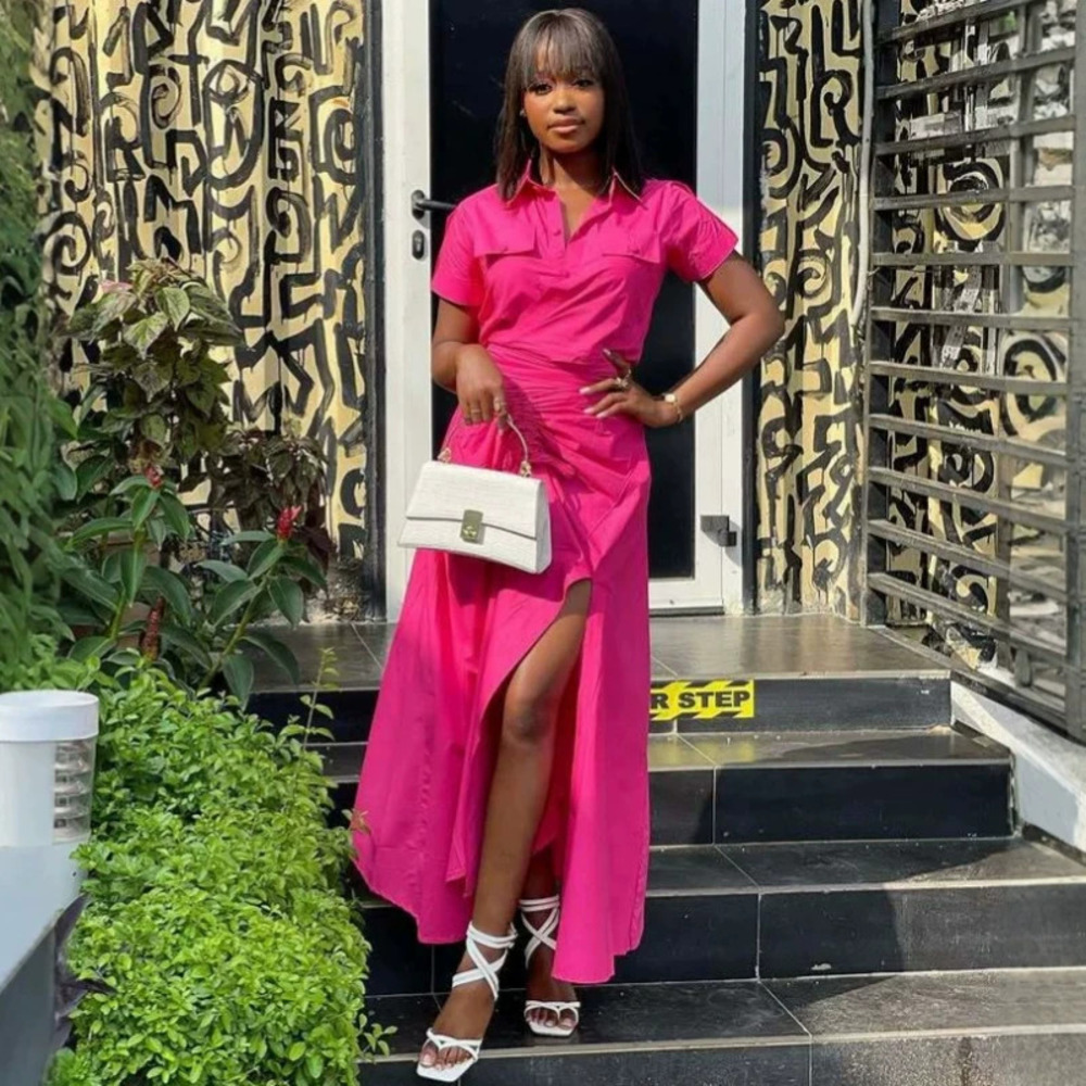 Chic Solid Color Lapel Collar Waist Pleated Dress African Sexy Slit Long Summer
